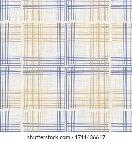 
Seamless geometric cross grid pattern. French blue linen shabby chic style. Old yellow blue woven texture  background. Interior wallpaper home decor swatch. Modern gingham check textile all over prin