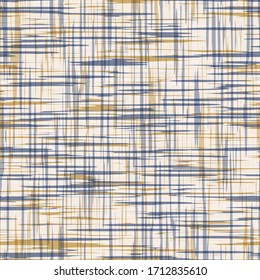 Seamless geometric cross grid pattern. French blue linen shabby chic style. Rustic kitchen woven texture  background. Interior wallpaper home decor swatch. Modern gingham check textile all over print