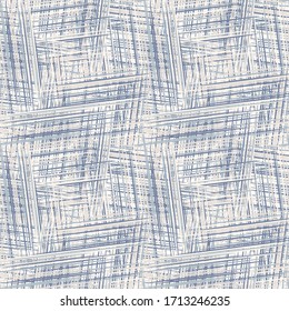 Seamless geometric cross grid pattern. French blue linen shabby chic style. Rustic kitchen woven texture  background. Interior wallpaper home decor swatch. Modern gingham check textile all over print
