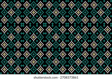 Padrão de ponto de cruz geométrico contínuo em verde e branco sobre fundo preto. Estilo de mosaico tribal.