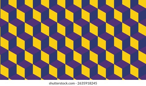 Seamless geometric cube design with strong contrast between dark violet and golden yellow. Perfect for contemporary visuals and abstract compositions