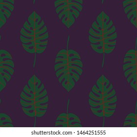 Seamless geometric dark pattern with vertical rows of monstera tropical leaves with veins. Repeat symmetrical botanical pattern. Vector illustration.