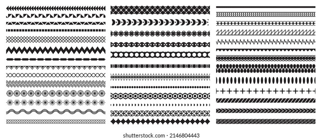 Seamless geometric decorative line borders and ornate brushes. Vintage abstract frame waves, cross, rombs and circles. Illustration. Fashion ornament vector set