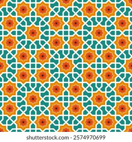 Seamless geometric decorative pattern with floral and interlocking elements, perfect for tiles, wallpaper, and design projects