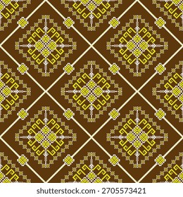 El diseño geométrico sin costuras crea un patrón repetitivo, inspirado en el bordado y la cultura popular. Los colores amarillo y blanco se utilizan sobre un fondo marrón. Adecuado para textiles e impresión