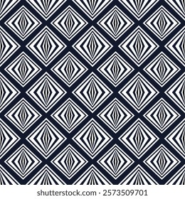 A seamless geometric design with diamond shapes and bold, symmetrical lines in black and white. Perfect for modern decor, fashion, and graphic projects.