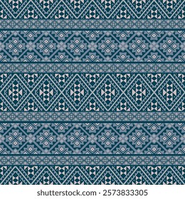 Seamless Geometric Design in Modern Ethnic and Tribal Embroidery Pattern in Blue Tones