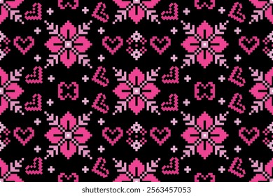 Seamless geometric design pattern, decorated with flowers. Designed for fabric, carpet, wallpaper, clothing, batik, fabric, vector, illustration, embroidery.