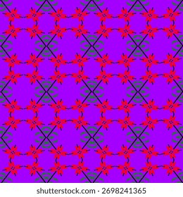 Los diseños geométricos sin costuras crean un patrón floral rojo. El fondo rosa refleja el bordado, lo que lo hace ideal para textiles, impresión, azulejos, diseño de interiores, gráficos y fondos digitales.