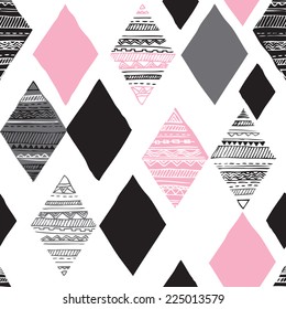 Seamless geometric diamond tribal triangle hand drawn background pattern in vector