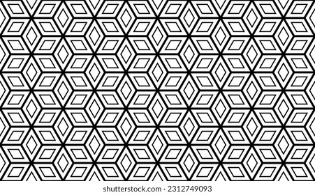 Seamless Geometric Diamonds and Hexagons Pattern. Black and White Op Art Texture. Vector Art.
