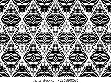 Seamless Geometric Diamonds Pattern. Striped Wavy Lines Black and White Texture.
