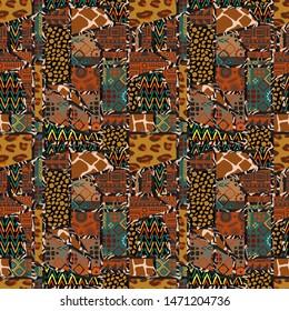Seamless geometric of different shapes pattern. Abstract Patchwork african background of different shapes. -vector illustration. Exotic ornament of different textures is drawn by hand.
