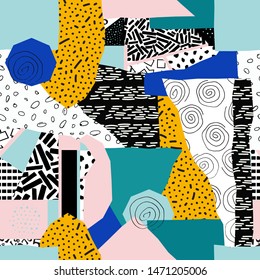 Seamless geometric of different shapes pattern. Abstract Patchwork african background of different shapes. -vector illustration. Exotic ornament of different textures is drawn by hand.