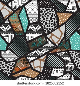 Seamless geometric of different shapes pattern. Abstract Patchwork african background of different shapes. -vector illustration. Exotic ornament of different textures is drawn by hand.