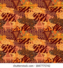 Seamless geometric of different shapes pattern. Abstract Patchwork african background of different shapes. -vector illustration. Exotic ornament of different textures is drawn by hand.