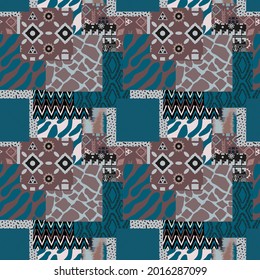 Seamless geometric of different shapes pattern. Abstract Patchwork african background of different shapes. -vector illustration. Exotic ornament of different textures is drawn by hand.