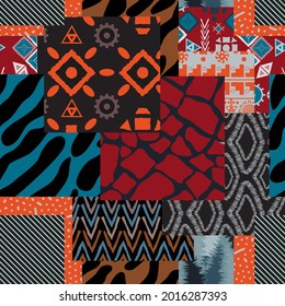 Seamless geometric of different shapes pattern. Abstract Patchwork african background of different shapes. -vector illustration. Hawaii ornament of different textures is drawn by hand.