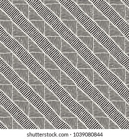 Seamless geometric doodle lines pattern in black and white. Adstract hand drawn retro texture.