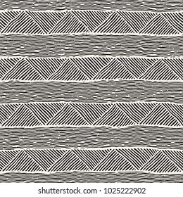 Seamless geometric doodle pattern in black and white. Abstract hand drawn lines retro texture.