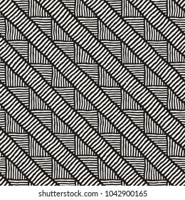 Seamless geometric doodle pattern in black and white. Adstract hand drawn lines retro texture.