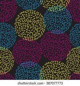 Seamless geometric doodle pattern in retro style with neon colors.