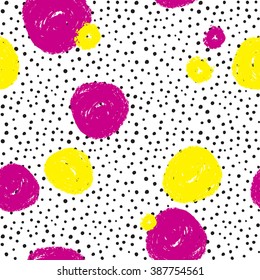 Seamless geometric doodle pattern in retro style with neon colors.