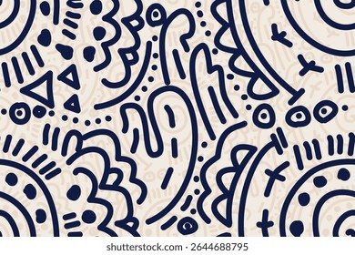 Seamless geometric and doodles line, traditional ikat pattern with earthy tones in geometric and tribal-inspired design. Ideal for textiles, wallpapers, and ethnic-themed projects.