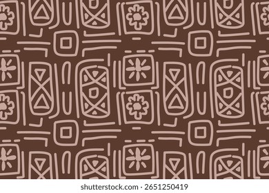 Seamless geometric and doodles line, traditional ikat pattern with earthy tones in geometric and tribal-inspired design. Ideal for textiles, wallpapers, and ethnic-themed projects.