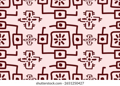 Seamless geometric and doodles line, traditional ikat pattern with earthy tones in geometric and tribal-inspired design. Ideal for textiles, wallpapers, and ethnic-themed projects.