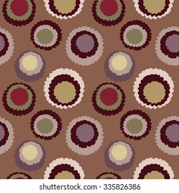 Seamless geometric dot, spotty pattern. Polka dot, motley texture. Circles with torn paper effect. Shred edge round, snowflakes on brown background. Winter, coffee, chocolate, cocoa theme. Vector 