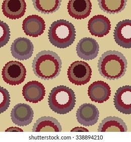Seamless geometric dot, spotty pattern. Polka dot, motley texture. Circles with torn paper effect. Round variegated blots on gold background. Coffee, chocolate, pastry, biscuit theme. Vector 