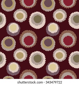 Seamless geometric dot, spotty pattern. Polka dot, motley texture. Circles with torn paper effect. Round blots, doodles brown colored. Winter, ice cream, coffee, theme. Vector 