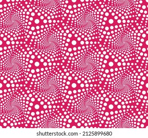 Seamless geometric dotted pattern. Small white dots arranged in spirals on a pink background. Modern style halftone pattern.  Graphic textile texture. Vector illustration.