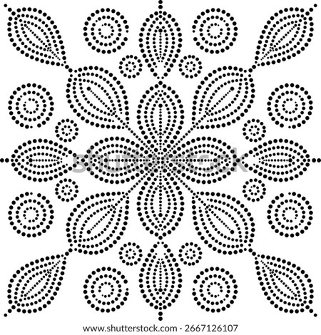 Seamless Geometric Embroidery Mandala Pattern of Dotted Flower with Petals Radiating to the Periphery with Peripheral Atypical Concentric Circles Leaves for Fabric, Cushion, Curtains, Wallpaper, Tiles