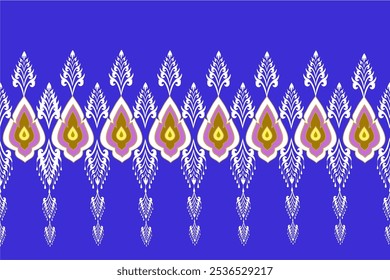 Seamless geometric embroidery pattern with damask floral motifs. Illustration on blue background, vector, carpet.