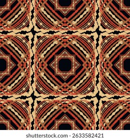 Nahtloses geometrisches Stickmuster mit Streifen, Linien, Rahmen, Rändern und quadratischen Motiven in Beige-, Braun- und Rottönen auf Schwarz. Rich genähte endlose Vektortextur bilden Kachel wie Layout.