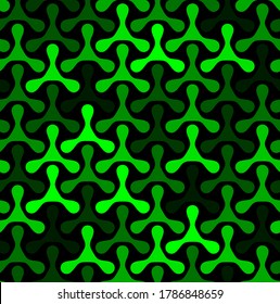 Formas triplex geométricas de color verde esmeralda sobre fondo negro. Patrón abstracto vectorial para textil o decoración