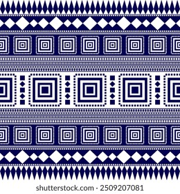 Padrão contínuo de arte étnica geométrica em azul e branco. Nativo, folclore bordado ornamento padrão design para fundo, têxtil, textura, tecido, telhas, pano, tampa, impressão.