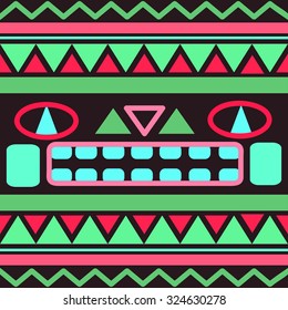 Seamless geometric ethnic aztec pattern. Green and pink color ornament on dark background. 