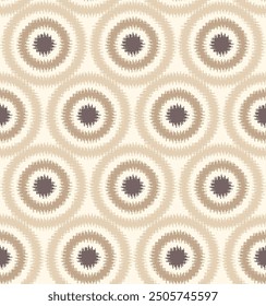 Nahtloses geometrisches ethnisches Kreismuster im Sommer beige Thema Mandala Muster Hintergrund. Einfaches, rundes Muster aus Textil.