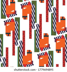 Seamless geometric ethnic graphic pattern with horses on white background
