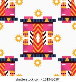 Seamless geometric ethnic graphic pattern with horses and spurs on white background
