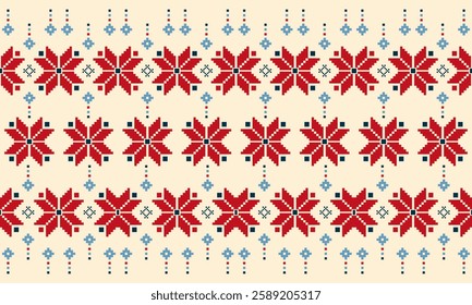 A seamless geometric ethnic pattern with bold red florals and sleek blue geometric accents on a cream background. Designed with vibrant colors, it’s ideal for fabric, curtains, carpets, wallpaper.