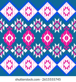Seamless geometric ethnic pattern. Bright pink, white on blue background. Native American tribal fabric. Vector illustration design. Often used in textile industry, print silk, fabric, tiles, carpets.