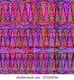 Seamless geometric ethnic pattern. Bright colored structure of the traditional folk forms. Vector painted hands.