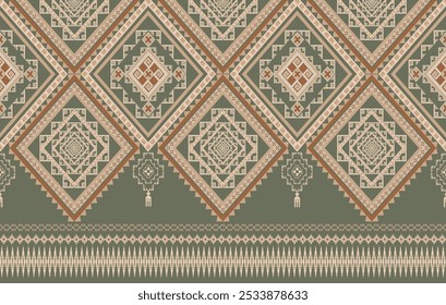 Nahtloses geometrisches ethnisches Muster
Brown and Green Diamond Design, Tribal Tapestry, 
Traditionelles thailändisches Motiv