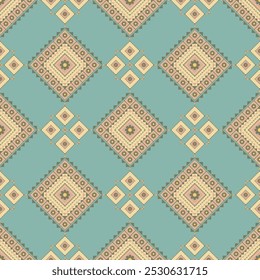 Seamless Geometric Ethnic Pattern with Diamond Shapes and Color Blocks