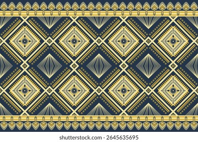 Um padrão étnico geométrico sem costura com diamantes intrincados, listras e motivos tribais em tons de amarelo e ouro em um fundo azul escuro. Ideal para têxteis, papel de parede, moda e cultura