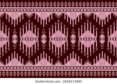 A seamless geometric ethnic pattern featuring bold tribal and diamond motifs in shades of pink, light pink, and dark red. For striking textile designs, cultural prints, background, wallpaper, carpet.
